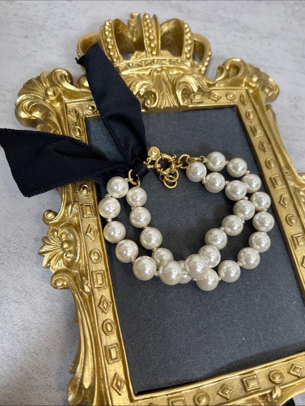J. Crew Glass Pearl Double-Strand Bracelet with Black Ribbon